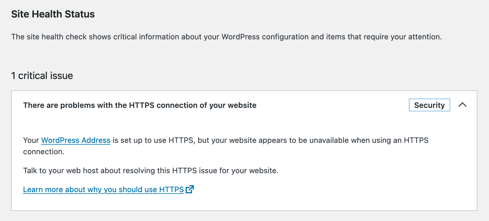 Screen displaying notice that there are problems with the HTTPS connection of a website