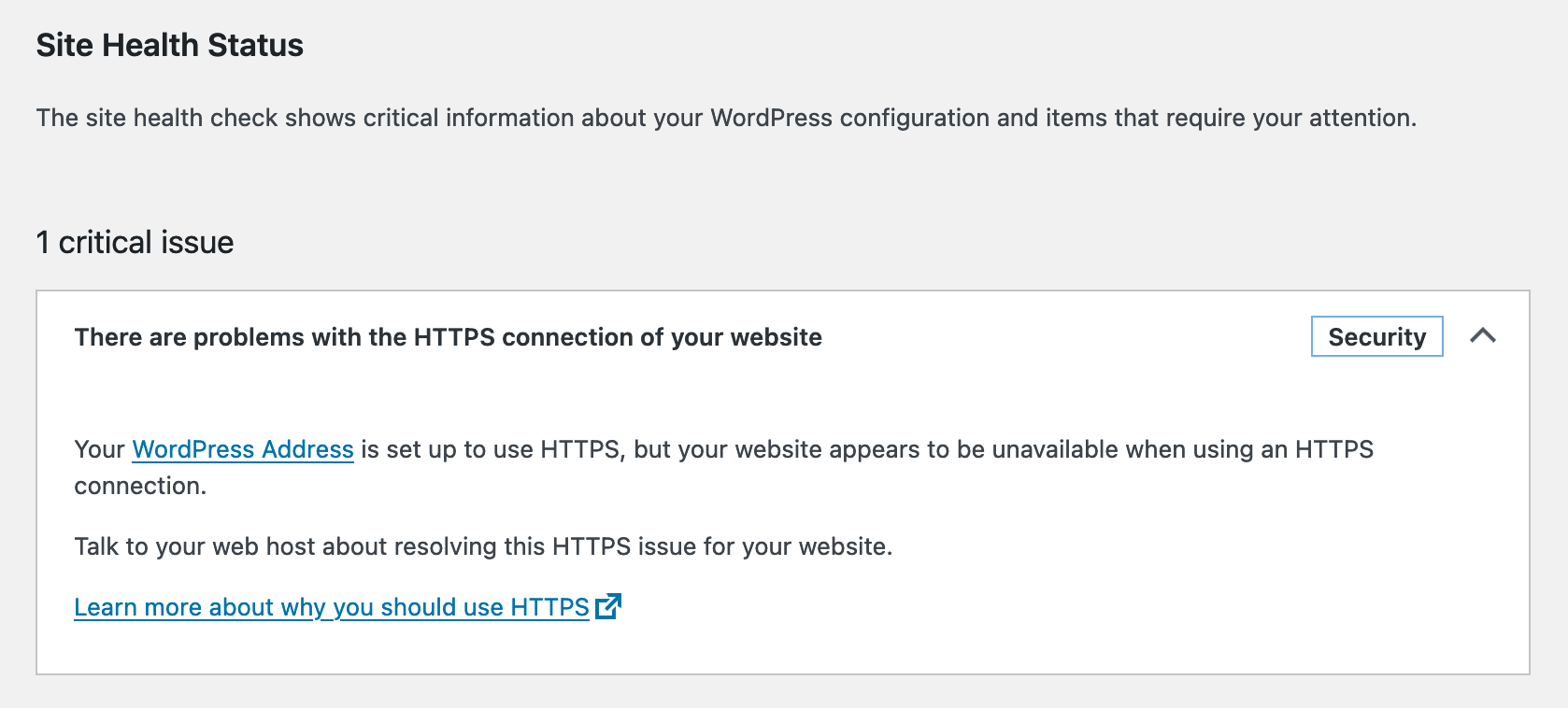 There are problems with the HTTPS connection of your website Screen displaying notice that there are problems with the HTTPS connection of a website